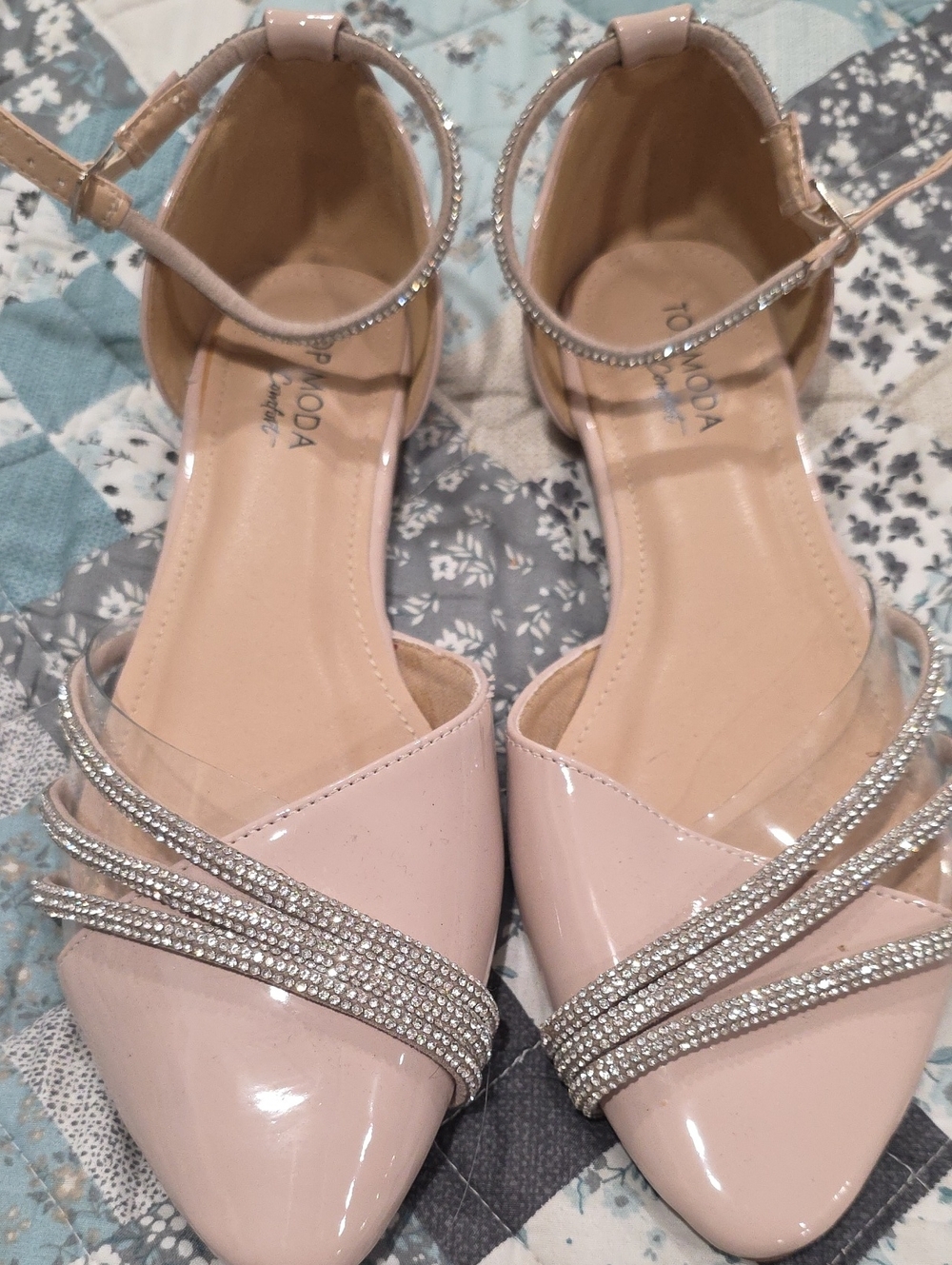 Top Moda Blush Patent Pointed Flats with Rhinestone Straps